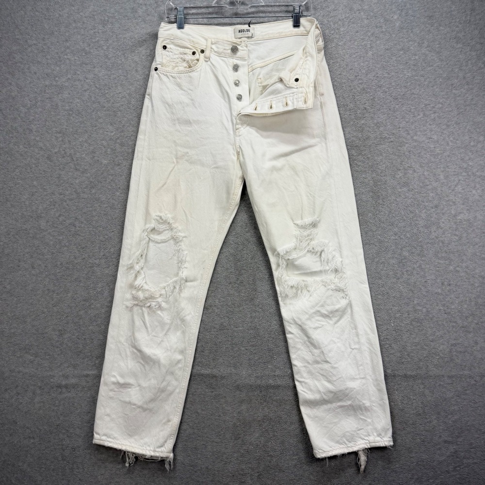 AGOLDE 90's Jean Women 27 White Distressed High Rise Straight Ripped Grunge Y2K